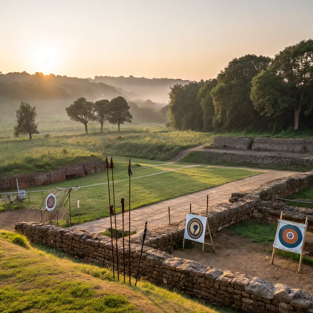 A historical archery range at sunrise